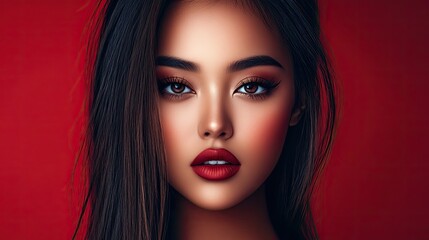 Fototapeta premium A Beautiful Woman With Long Dark Hair And Red Lips