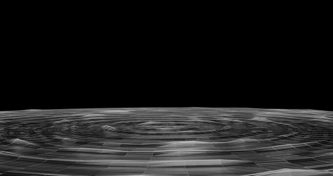 Abstract looped animation of low poly water circle waves. Black and white animated background asset by wireframe mesh. Luma luminance track matte footage. Cyberpunk 00s Y2k retro futuristic aesthetic.