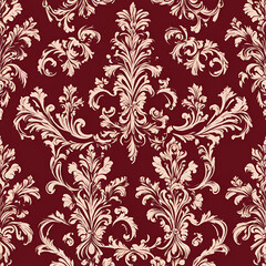 Fototapeta premium An elegant vintage damask pattern featuring intricate floral designs in cream on a rich burgundy background, perfect for adding a touch of sophistication to any project.