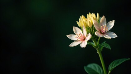 Delicate mung bean flowers unfolding on a dark background, plant growth, botanical