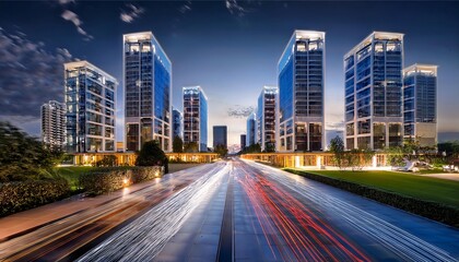Fototapeta premium A modern urban skyline at dusk featuring glass skyscrapers and light trails from passing vehicles.