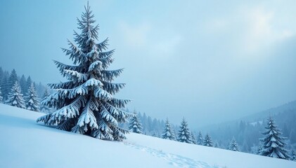 Obraz premium Frosty pine tree branches stretching towards the pale blue sky, winter landscape photography, cold weather, frosty pine tree