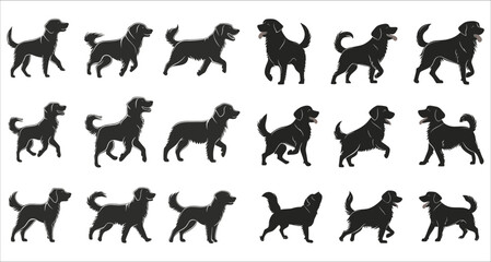 Fototapeta premium Playful dog running and jumping silhouettes, Set of various dog running and jumping in the field, Silhouettes of dogs walking and running at sunset vector, Set of dogs walking and running silhouettes