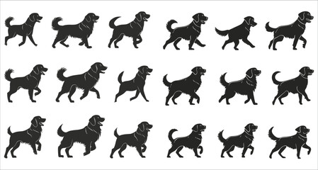 Fototapeta premium Playful dog running and jumping silhouettes, Set of various dog running and jumping in the field, Silhouettes of dogs walking and running at sunset vector, Set of dogs walking and running silhouettes