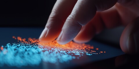 A close-up of a hand interacting with a touchscreen tablet, featuring vibrant orange and blue graphs and charts representing real-time data visualizations