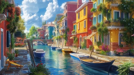 A lively scene of a canal with brightly colored homes and boats, surrounded by greenery and cobblestone streets
