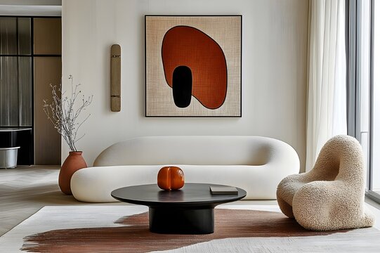 Minimalist living room, curved white sofa, organic shapes, abstract art, warm earth tones, natural light, round coffee table, textured rug, ceramic vase, mid-century modern, sleek design, neutral  - Powered by Adobe