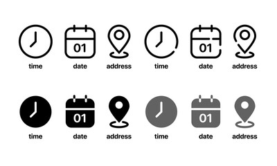 Time, date and address icon set. Calendar, clock, location. Editable stroke. Linear vector outline illustration. Vector illustration.