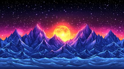Fototapeta premium Pixel Art Sunset over a Range of Vibrant Purple Mountains