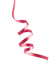 satin pink ribbon, twisted on a table, isolated on a white background