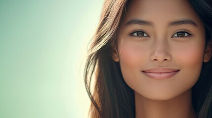 Fototapeta premium Young Woman With Long Brown Hair Smiling Softly