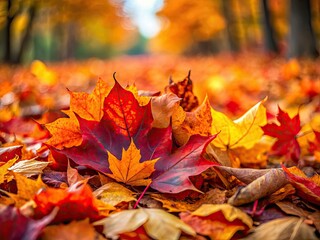 Vibrant autumn leaves in a picturesque scene: golden hues, red maples, and a colorful leaf pile create a stunning fall backdrop.