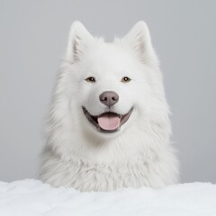 Charming White Samoyed Dog Joyfully Posing Against Light Background