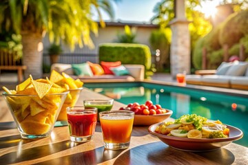 Fototapeta premium Relaxing Poolside Snack: Chips, Dip, and Drinks by the Pool Table