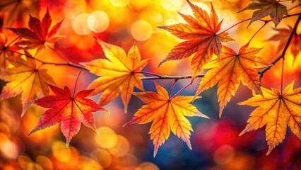 Vibrant autumn maple leaves, a macro shot, blurred bokeh background showcasing fall foliage's rich colors.