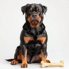 Close-up of a Rottweiler Dog Sitting with a Bone on a White Background