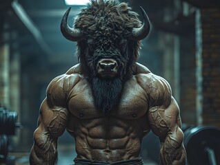Bison Headed Bodybuilder Showcasing Brute Force in Rustic Gym Backdrop