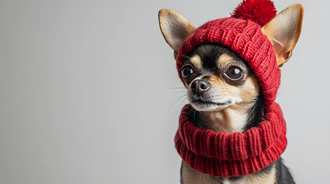 Cute Chihuahua puppy wearing a red knitted hat and scarf on a gray background