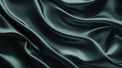 Obraz premium Shiny dark green satin fabric with wavy folds and smooth textures, offering a luxurious, wide background for text and design use