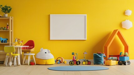Yellow Playroom Featuring Toys and a Blank Frame