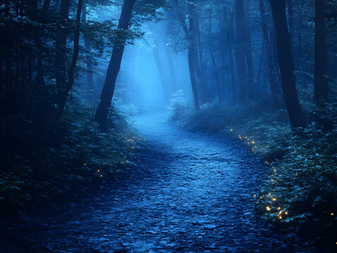 Mystical blue forest path at night with fireflies.