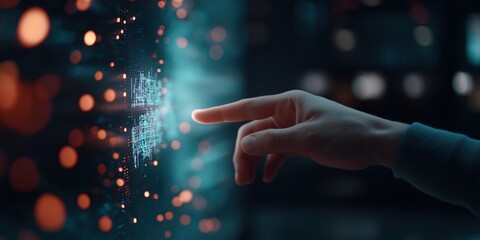 A futuristic close-up of a person’s hand navigating an illuminated data visualization interface