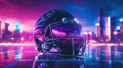 Dynamic Football Helmet With City Reflections Floating Above A Vibrant Neon Field Under A Dreamy Skyline At Dusk