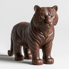 Fototapeta premium Fierce chocolate tiger, intricately crafted from dark chocolate with detailed markings, posed majestically on a crisp white background