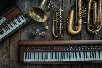 Vintage musical instruments on wooden surface.