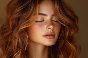 Naklejka premium young woman, 20s, flowing auburn muted mocha brown toned hair on a muted mocha brown background
