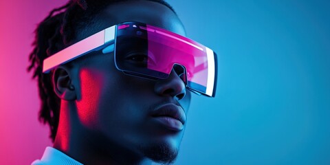 A futuristic portrait of a man wearing reflective glasses showing dynamic digital interfaces