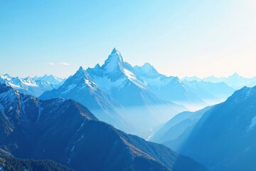 Fototapeta premium Serene mountain peaks amidst a gradient of blues and whites, white peaks, blue mountain range