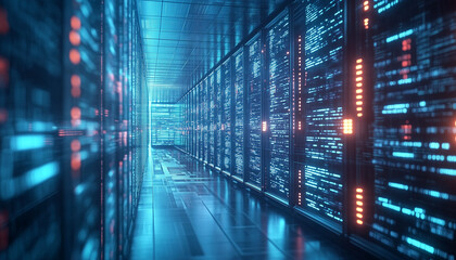 Obraz premium view into a server room with many control lights blinking - abstract background