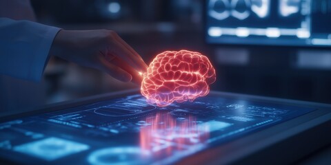 A futuristic scene of a medical professional engaging with a glowing holographic digital interface