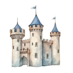 Fototapeta premium Whimsical Watercolor Castle on Minimalist White Background