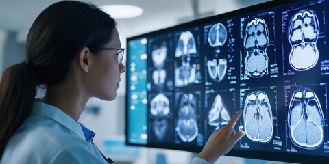 A futuristic scene of a medical professional engaging with a glowing holographic digital interface