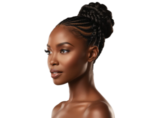 beautiful black african american woman with curly long braids and bun. perfect face structure. sharp jawline looking left side profile