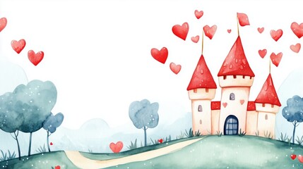 Fototapeta premium whimsical watercolor castle with heart shaped flags and trees