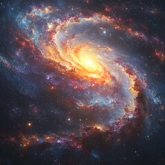 Obraz premium Supernova Explosion at the Center of a Swirling Galaxy with Scattered Stars and Planets in a Burst of Colors