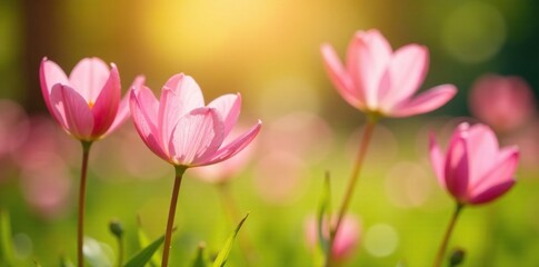 Fototapeta premium Soft pink petals unfolding in the warm sunlight, sunny meadow, garden, summer