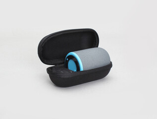 Portable wireless Bluetooth connectivity speaker isolated on white background. 