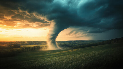 Massive tornado under dark stormy sky moving over green countryside during dramatic sunset showcasing nature's raw and destructive power