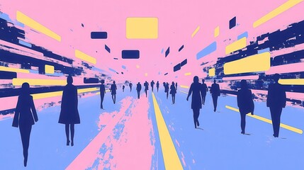 Obraz premium Abstract Cityscape Silhouettes of People Walking on a Pastel Street with Geometric Shapes