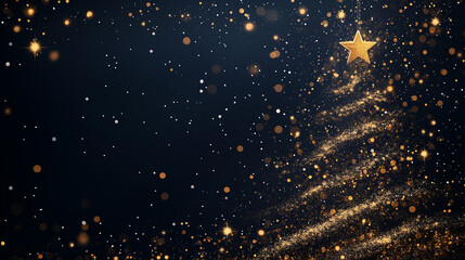 Golden Christmas Tree: A shimmering, abstract Christmas tree is formed from golden dust and stars against a dark blue background. The image evokes a sense of festive cheer and wonder.  