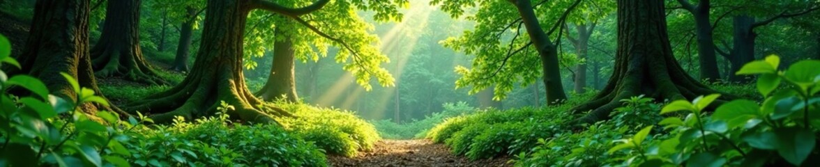 Verdant foliage surrounds a serene forest glade, , tranquility, nature