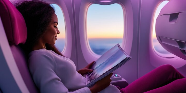 A passenger relaxing in a plane seat, with a travel magazine in hand and a view of the plane cabin, illuminated by soft ambient lighting