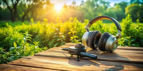 Fototapeta premium Retro Microphone & Headphones on Wooden Table - Nature Drone View - Podcast Background