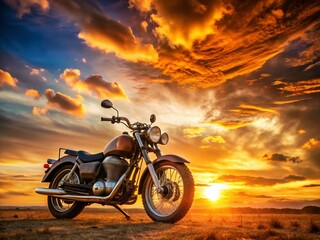 Fototapeta premium Retro Motorcycle Sunset Panoramic: Vintage Bike Silhouetted Against Vibrant Evening Sky