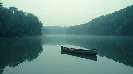 Canoeing on a Misty Lake Surrounded by Lush Green Trees