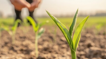 Fototapeta premium Young Corn Plants Growing in a Field Agriculture Springtime Growth